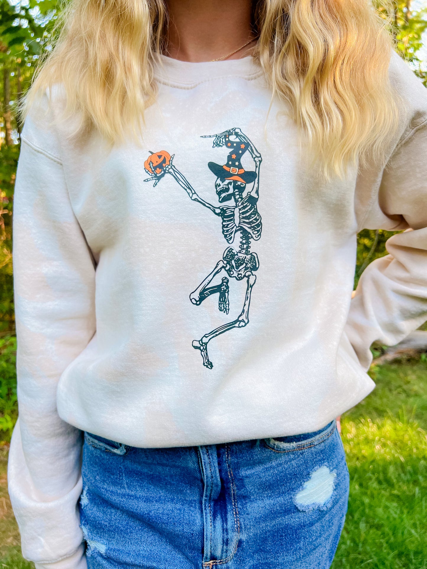 Retro Skeleton Tan Reverse Tie Dye Sweatshirt | Women's